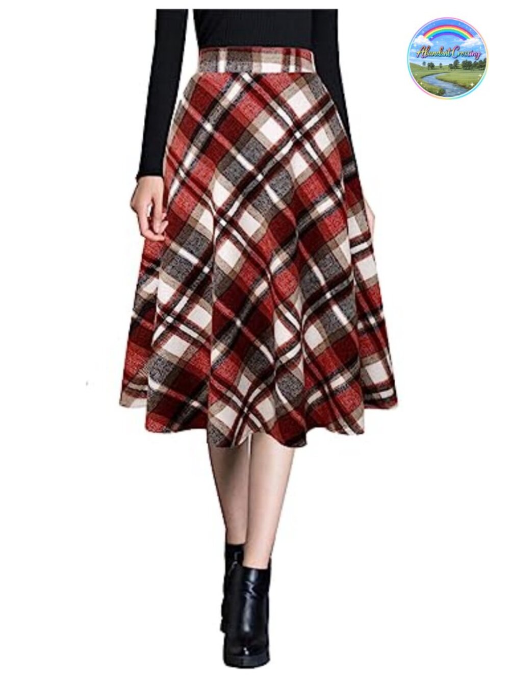 Wool Blend Plaid A-Line Midi Skirt High Waist Flared Winter